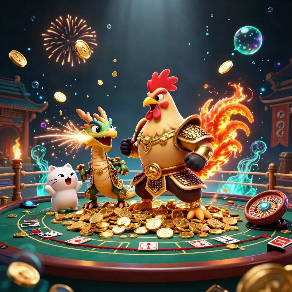 Rooster warrior, dragon hatchling and fortune cat amid coins, fireworks and casino relics