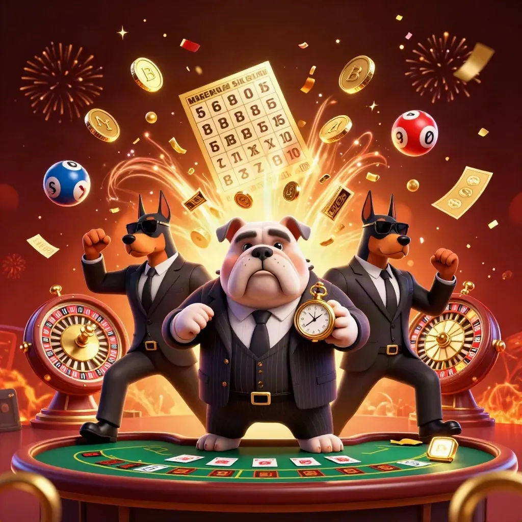 Bulldog boss and two Dobermans amid coins, fireworks, lottery balls, and casino props