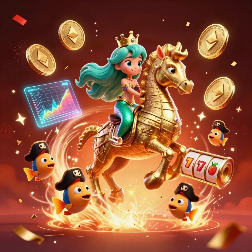 Mermaid princess rides a gold seahorse amid pirate fish, coins, sparks, and casino effects.