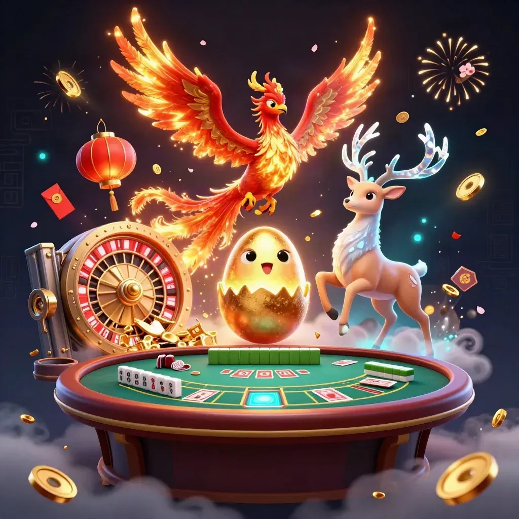 Phoenix trio with casino props, vault blast, coins, fireworks, dark neon background