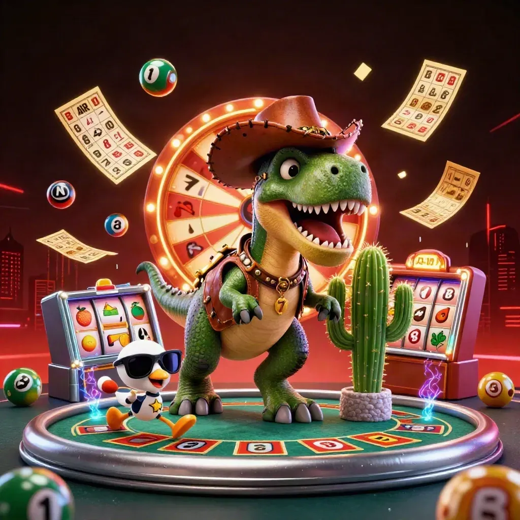 Cartoon cowboy T-Rex, cactus, and roadrunner amid casino bursts and glowing reels.