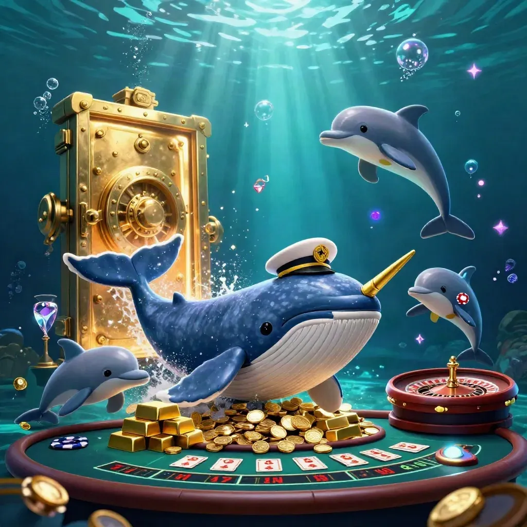 Whale captain, narwhal, and dolphins amid coins, vault light, gold, and casino chips underwater.
