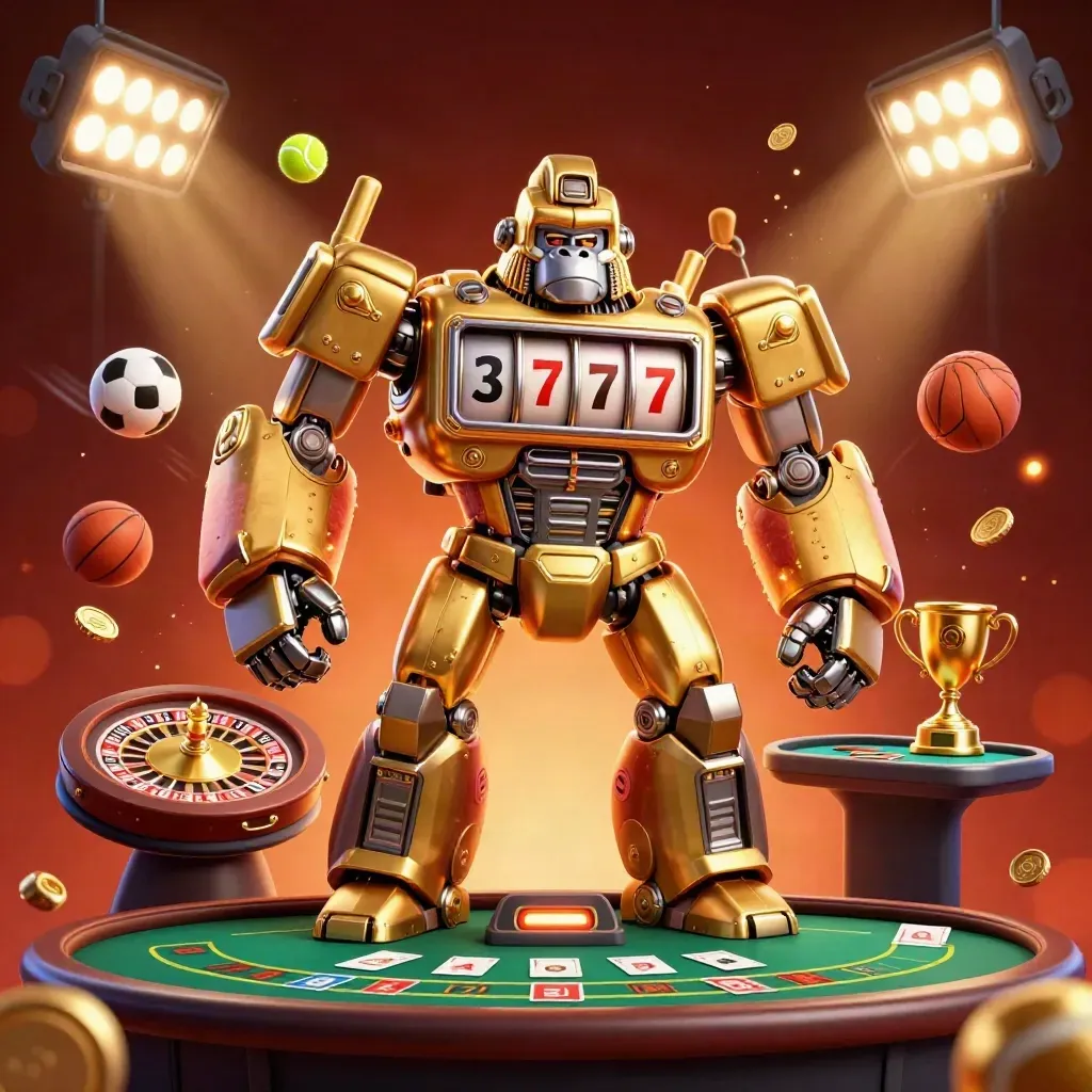 Golden gorilla mech with monkey pilot, casino props, sports balls, coins, and fiery glow.