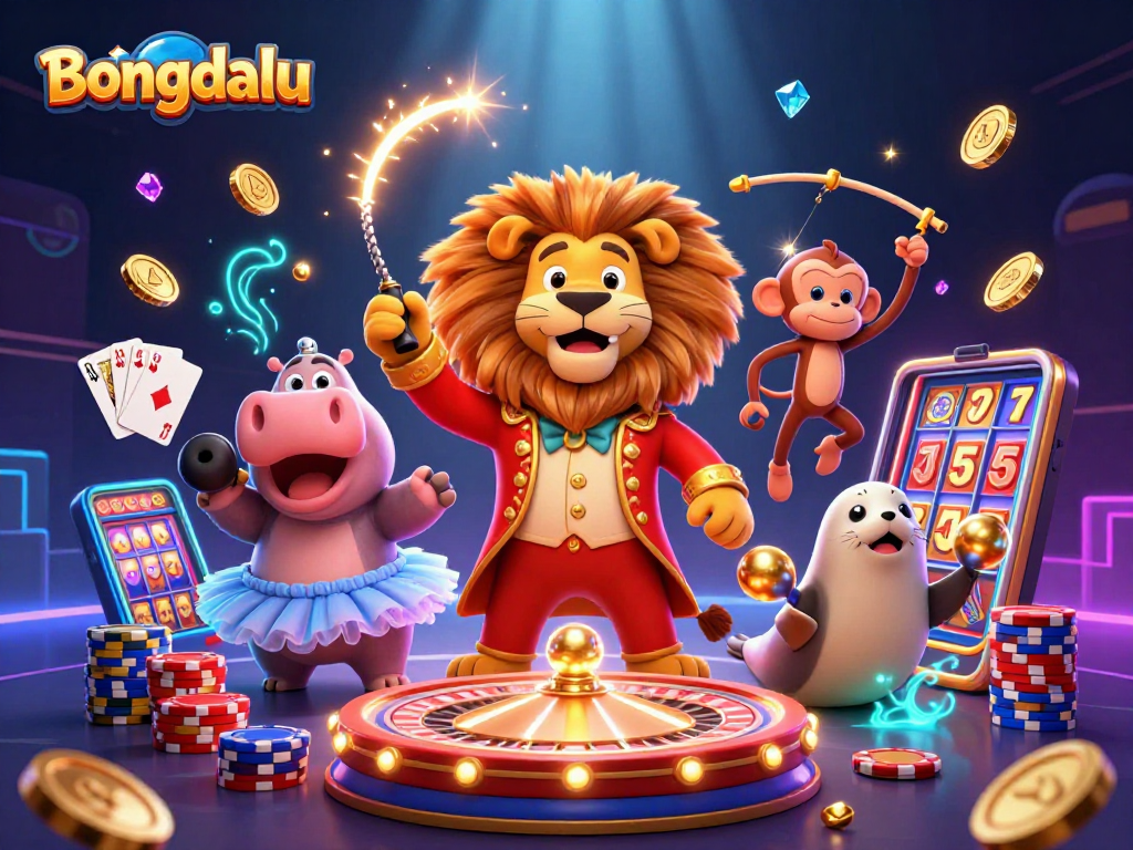 Bongdalu features a vibrant circus scene with animated casino characters and action elements.