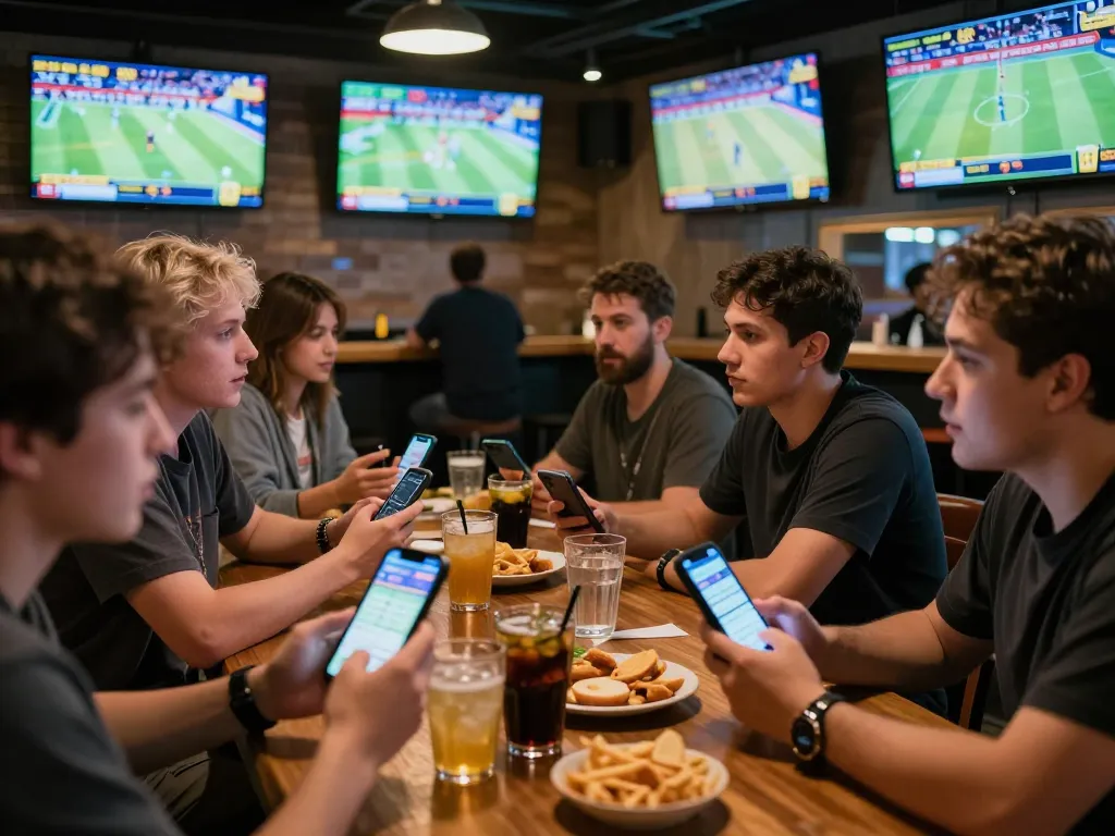 Exciting betting moment at a sports bar with patrons using the link fly88 app on their smartphones.