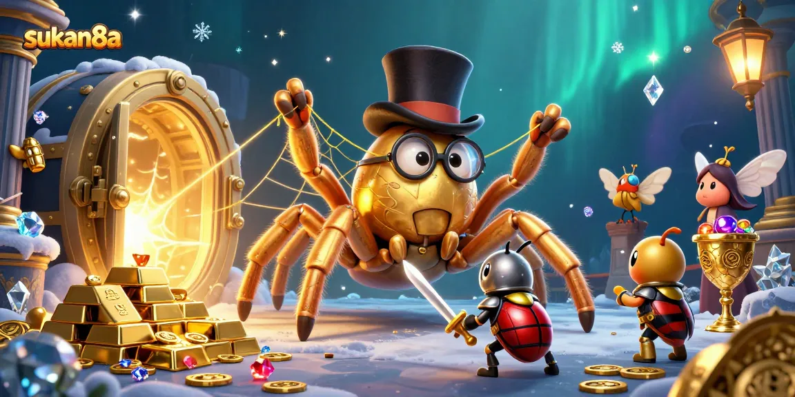 Sukan8a features a giant golden tarantula and beetle knight in a vibrant casino scene with sparkling treasures.