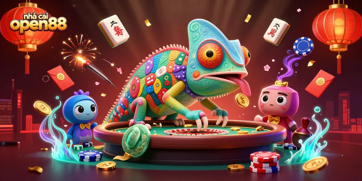 Experience the thrill of nhà cái open88 with vibrant casino elements and a colorful chameleon owner.