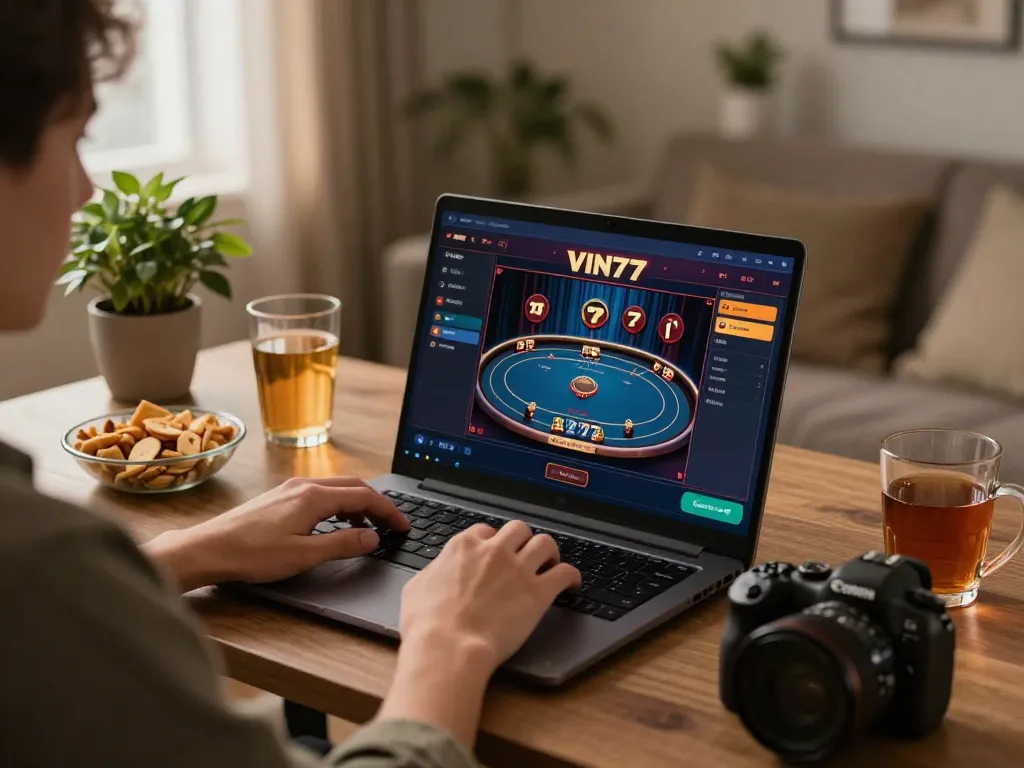 Engaging online gaming setup showcasing VIN777's poker interface on a laptop during a cozy home gaming session.