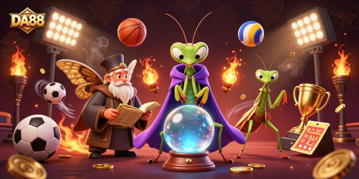 DA88 players winning with energetic 3D casino scene featuring fortune tellers and sports elements.
