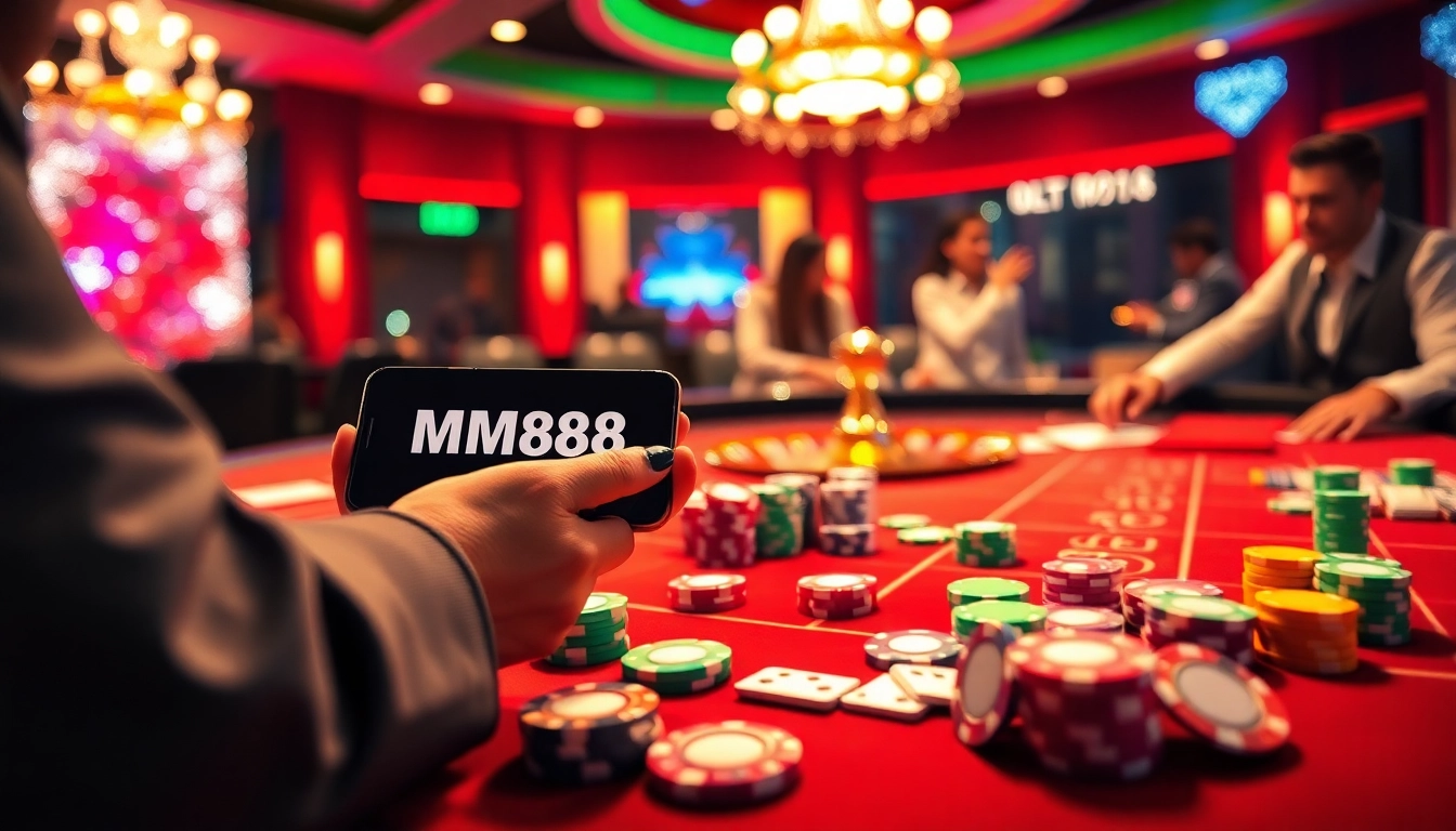 Experience the thrill of MM88 casino with vibrant poker chips and a roulette wheel in action.
