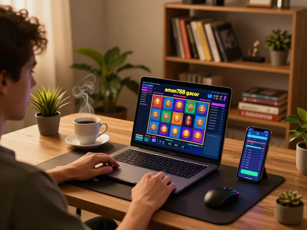 Pemain yang terlibat menjelajahi slot gacor aman788 di laptop dalam suasana kantor rumah yang nyaman.
