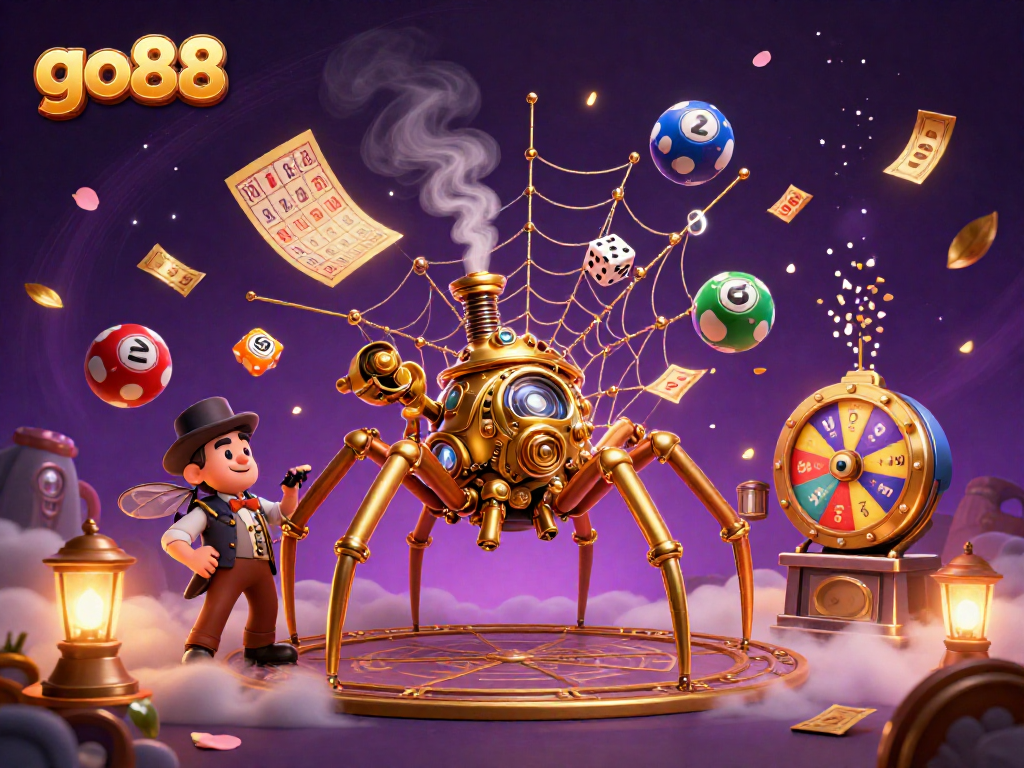 Experience the excitement of go88 with a vibrant 3D illustration of a steampunk spider caught in a web of luck.
