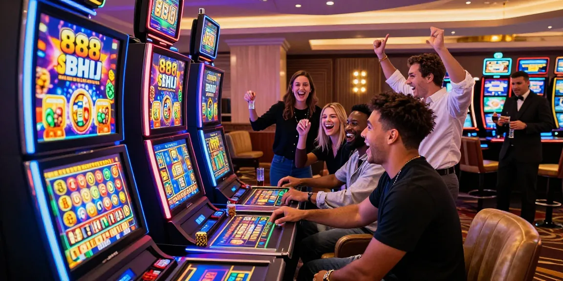 Pengalaman bermain 888 slots di kasino dengan suasana meriah, mesin slot modern, teman-teman bersorak gembira.