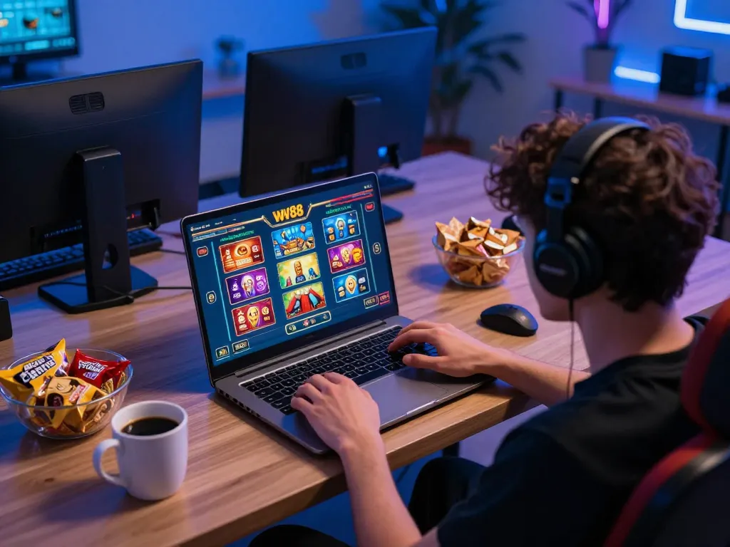 Player engaging in exciting gameplay on the ww88 online casino interface at home, showcasing a welcoming and strategic gaming atmosphere.