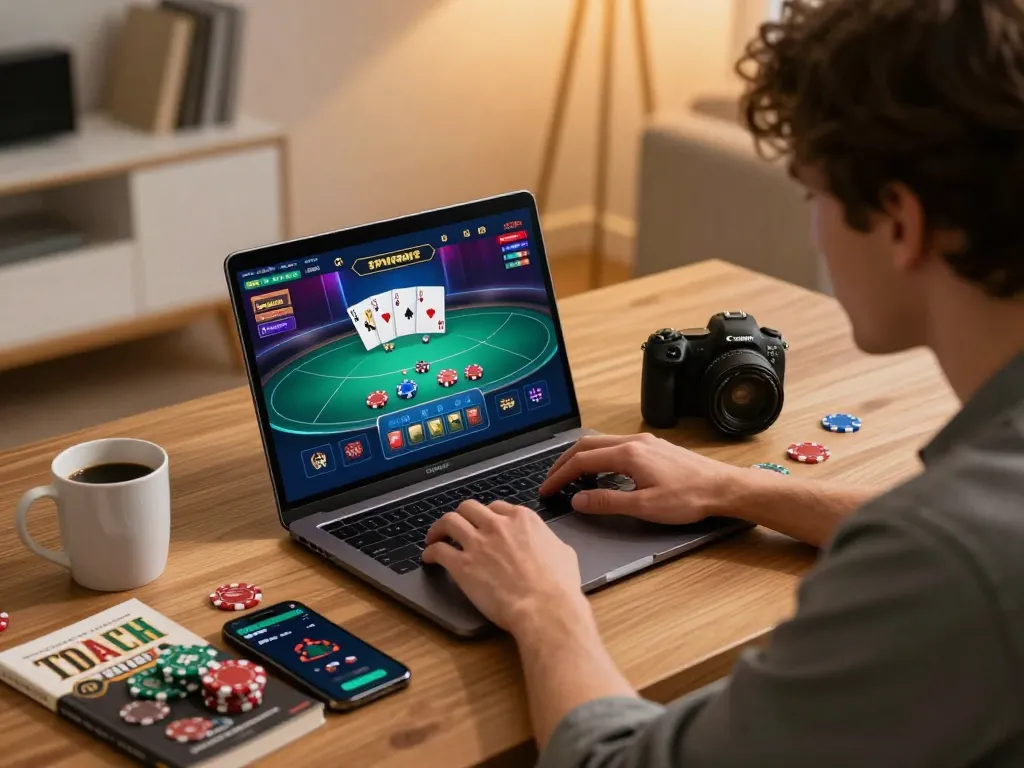 Player enjoying poker on their laptop, highlighting lucky88 gaming experience at home with focused engagement.