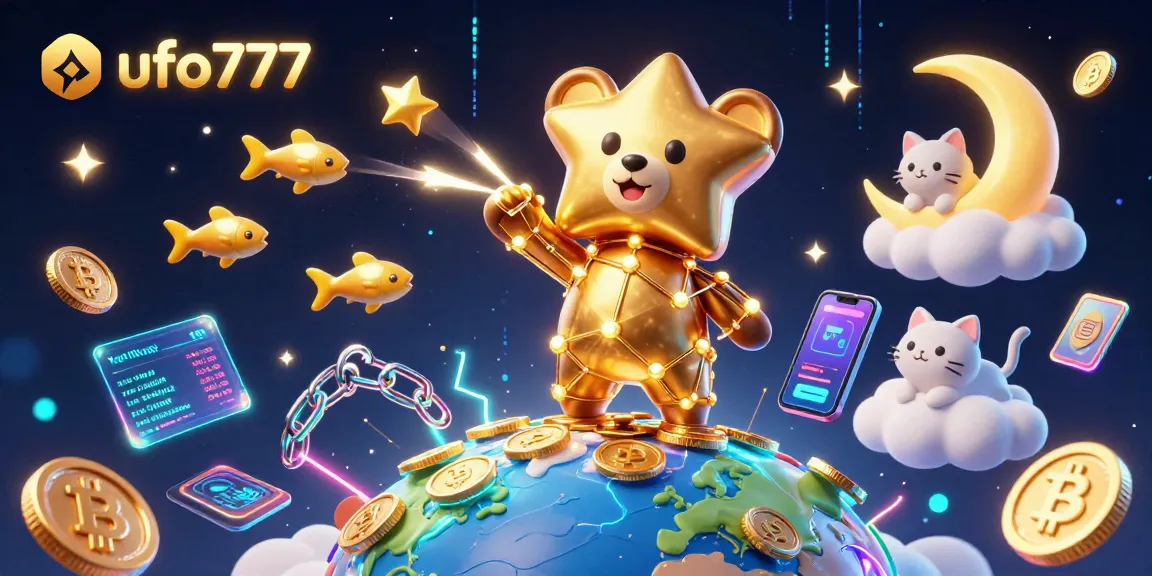 Engage with ufo777's vibrant 3D cartoon universe filled with crypto coins and cosmic gaming elements.