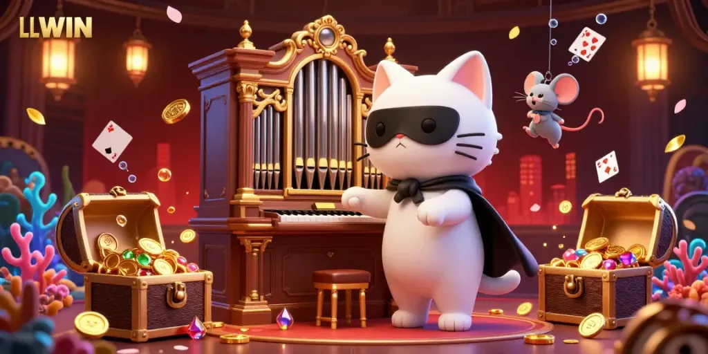 Experience LLWIN's vibrant casino illustration with a whimsical cat and dynamic gaming elements.