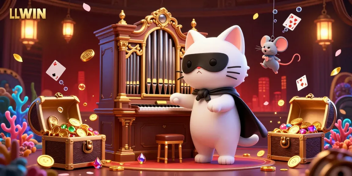 Experience LLWIN's vibrant casino illustration with a whimsical cat and dynamic gaming elements.