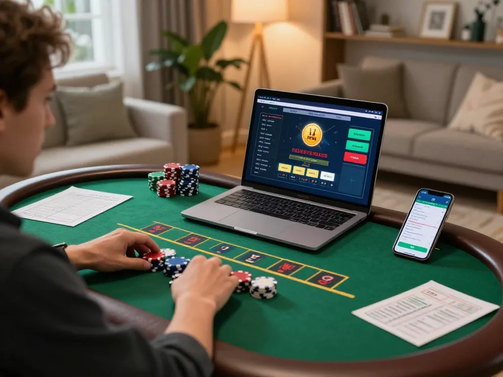 Engaged player enjoying a thrilling blackjack game at home using 388bet for strategic online gambling.