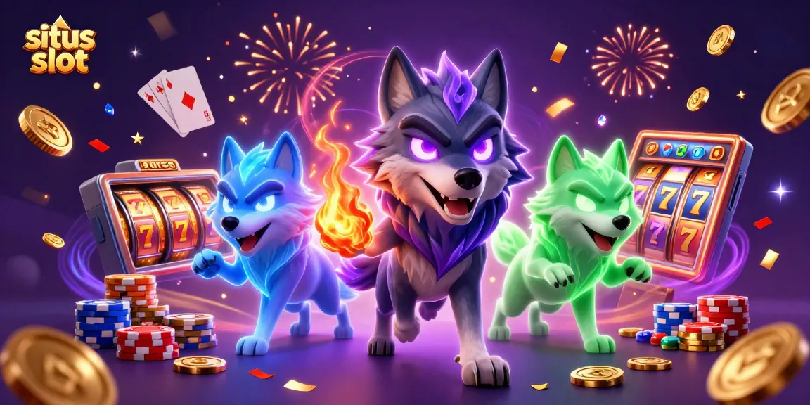 Situs slot dengan wolf berenergi dalam cahaya ungu, dikelilingi koin emas dan mesin slot beruntung.