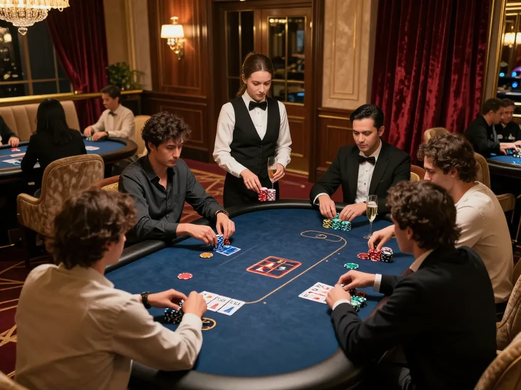 IWIN68 CLUB players engaged in high-stakes poker game in luxurious setting, showcasing strategic gameplay and vibrant atmosphere.