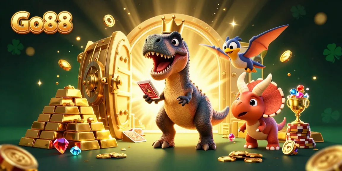 Experience Go88's exciting gameplay as a dinosaur duo shuffles cards and stacks chips in this vibrant casino scene.