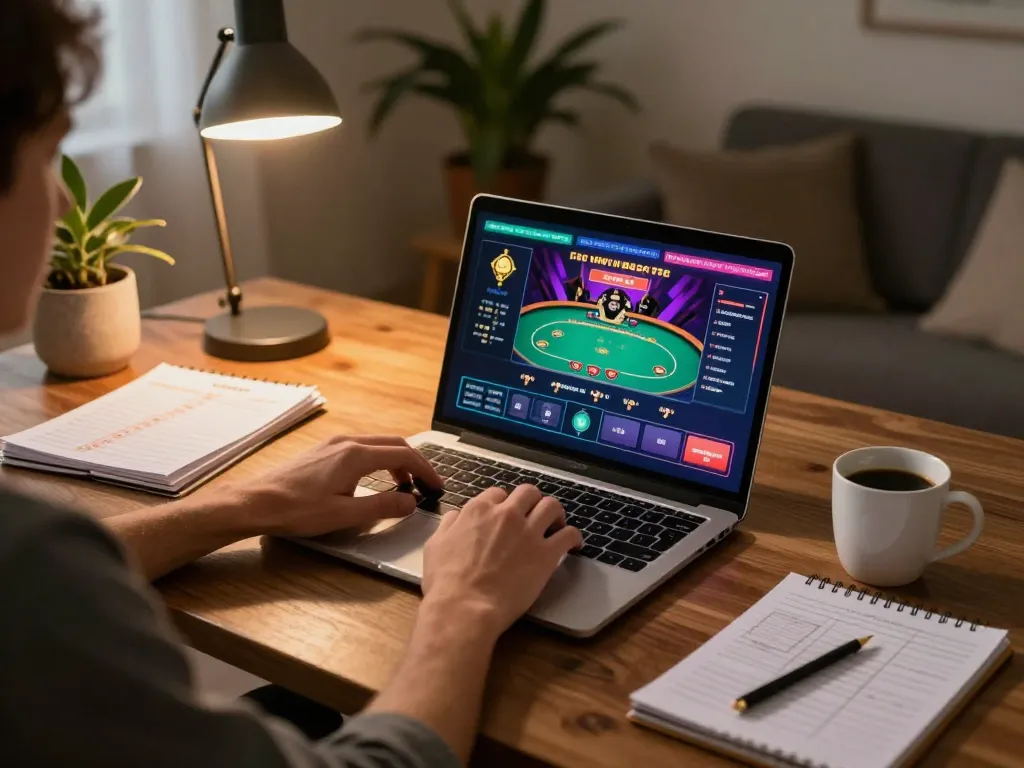 Enjoying an online gaming session on f8betlv with laptop displaying poker interface and strategy notes.