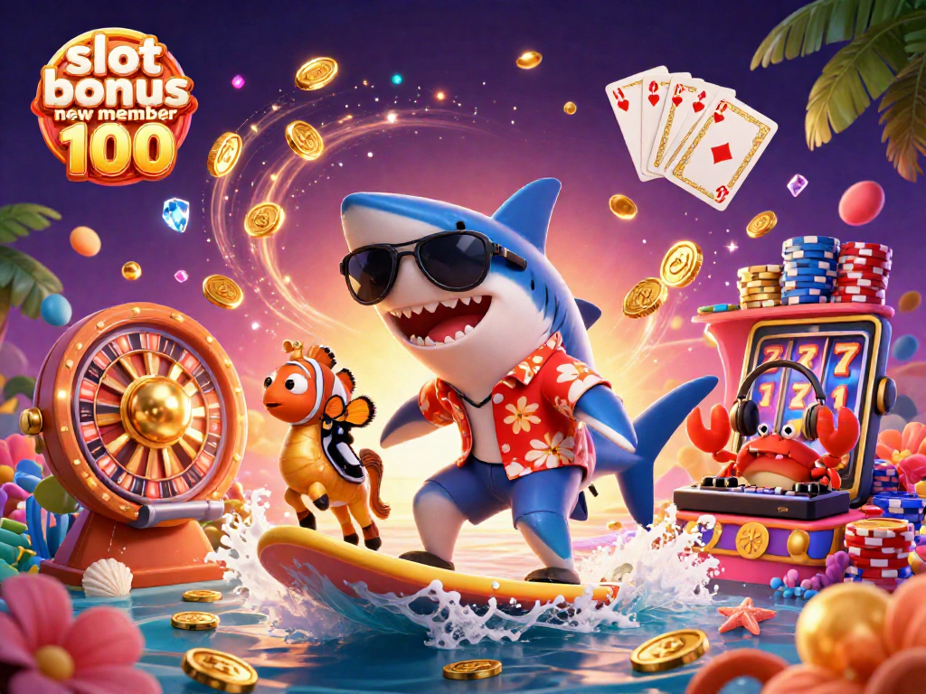 Experience thrill with slot bonus new member 100 amid a vibrant scene of animated casino characters.