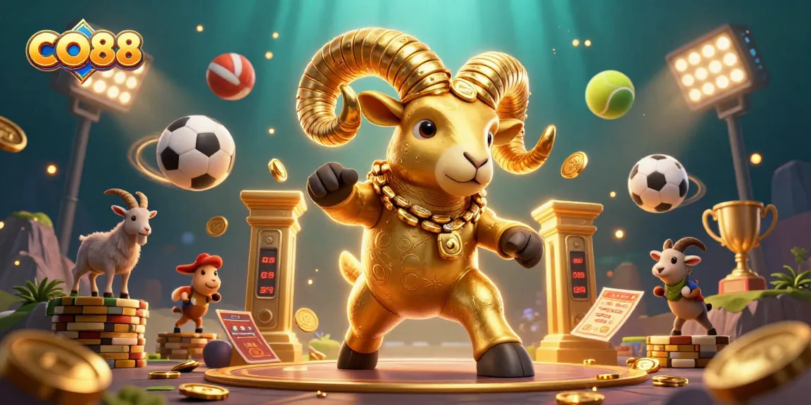 Engage with the thrilling world of CO88, showcasing a golden ram charging through a vibrant casino scene.