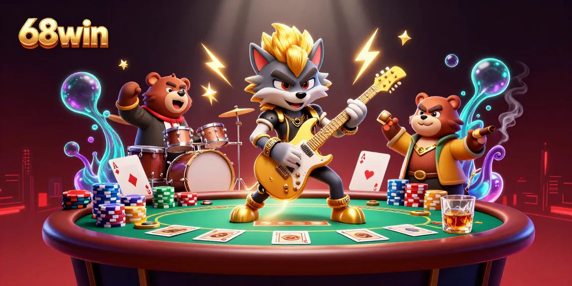 Experience thrilling action at 68win with a lively 3D casino scene featuring colorful poker elements.