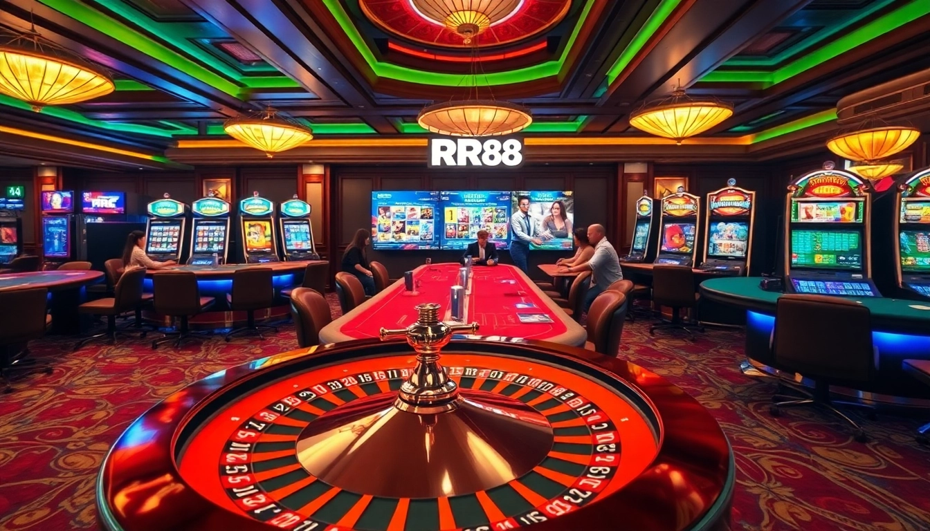 Engaging in a thrilling gaming experience at https://rr88sn.com/ with poker chips and vibrant casino tables.