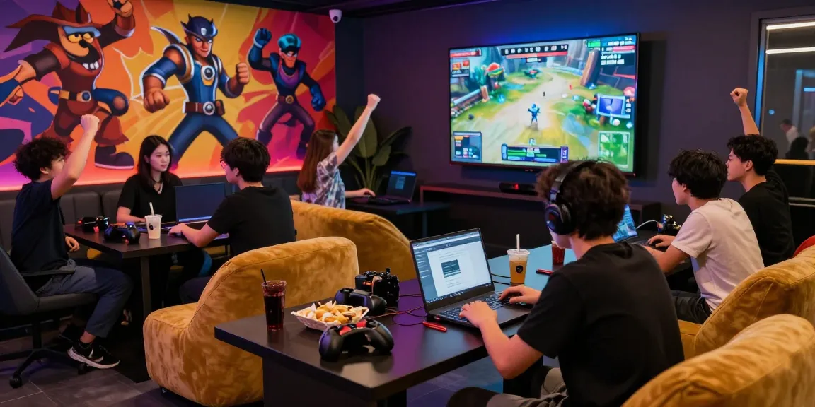 Raja Game login demonstrated in a gaming lounge with friends cheering and engaging with the game.
