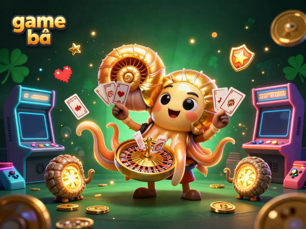 Engage with the thrilling world of game bài featuring a giant nautilus roulette wheel amidst vibrant arcade elements.