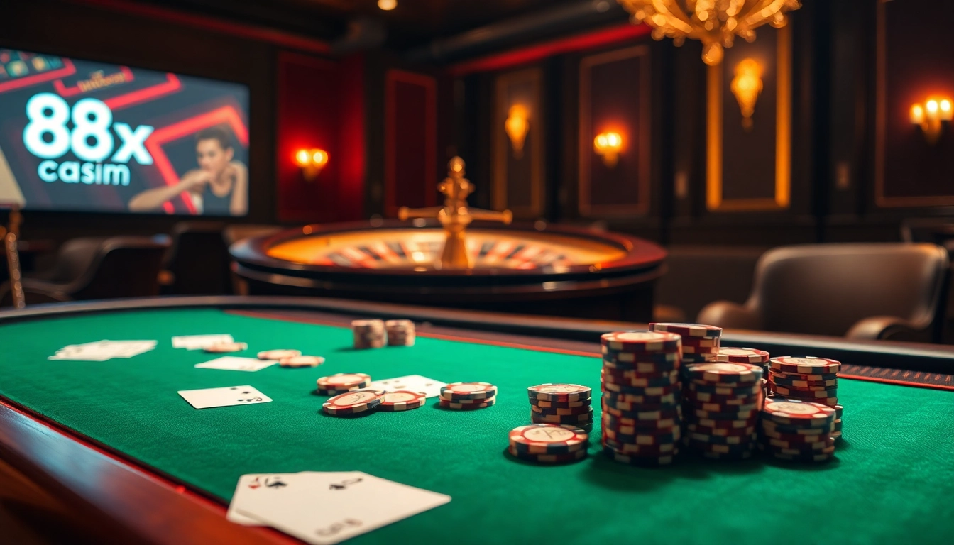 Engage in thrilling poker games at 88xx.com with chips and cards on a plush table.