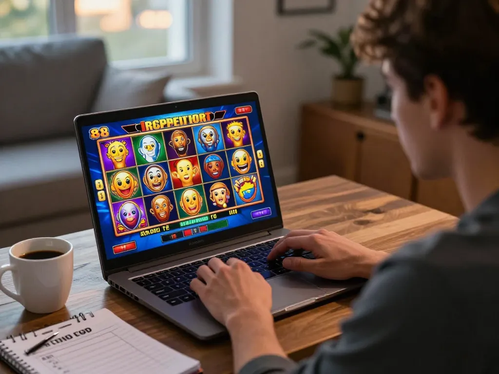 Engaging in a thrilling slot88 gaming session on a laptop, showcasing vibrant visuals and strategy notes.
