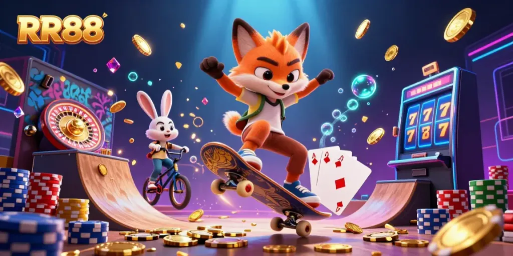 Catch the energy of RR88 as a cartoon fox performs tricks over golden chips amid dazzling casino elements.