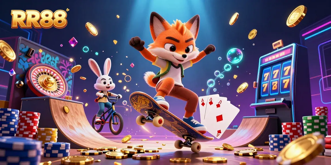 Catch the energy of RR88 as a cartoon fox performs tricks over golden chips amid dazzling casino elements.