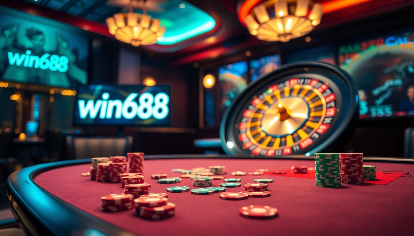 Exciting poker action at win678 casino with vibrant cards and chips on a luxurious table.