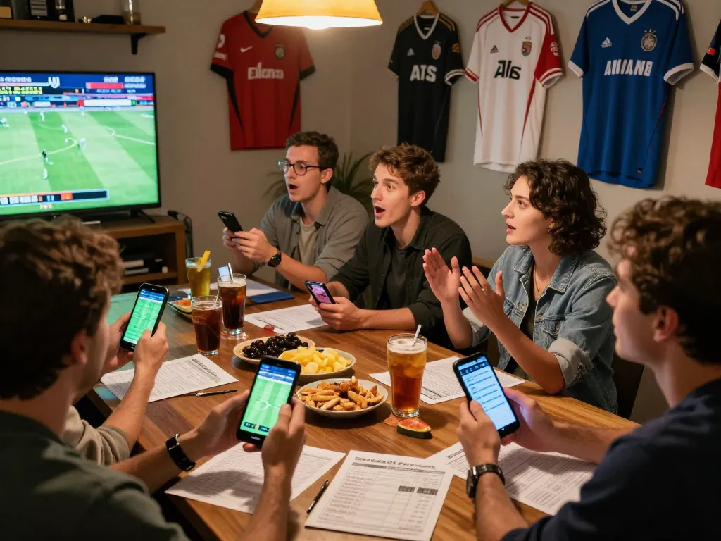 Savvy bettors engaging in lively discussions over soi keo nha cai during a sports event at home, mobile apps in use