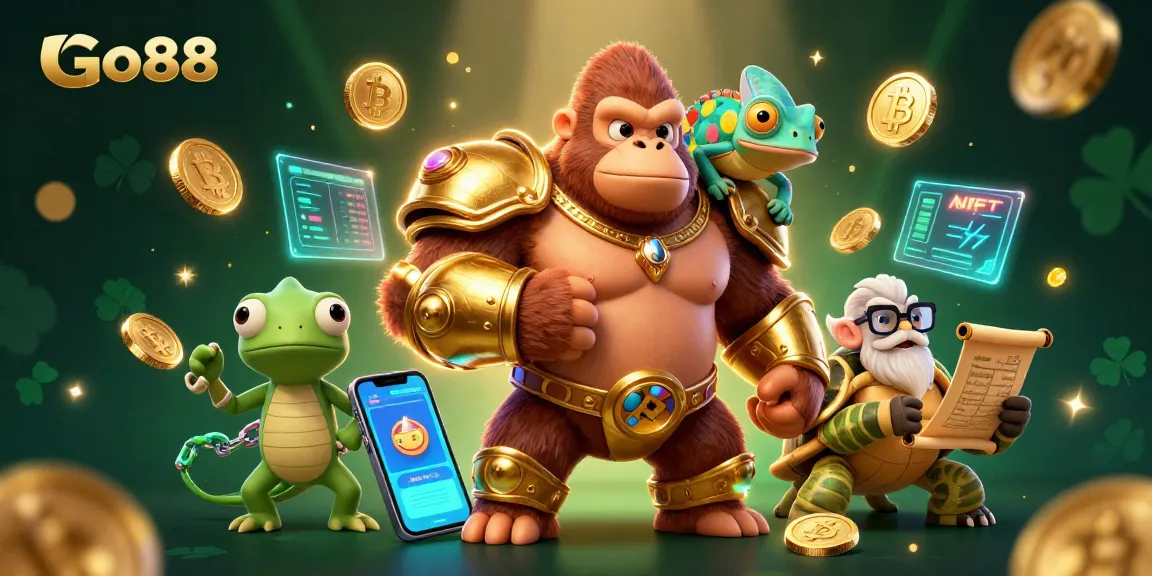 Engage with Go88's thrilling casino experience featuring a dynamic scene with creatures of luck and fortune.