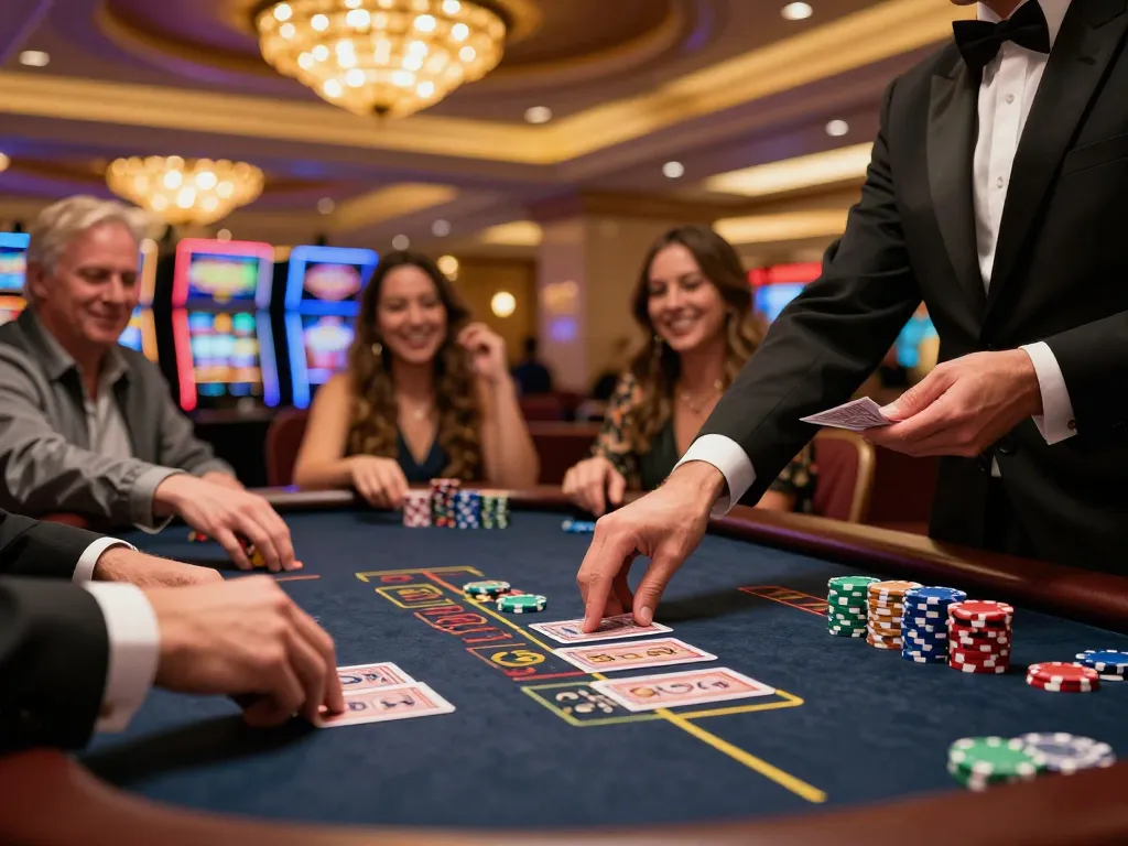 Exciting blackjack gameplay at Q88 casino table, professional dealer, vibrant Las Vegas atmosphere