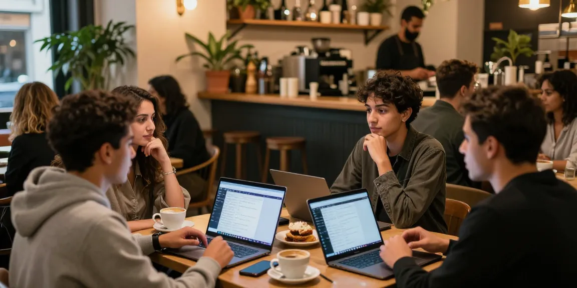 Dynamic gathering of friends at a café discussing شات عربي with laptops and coffee.