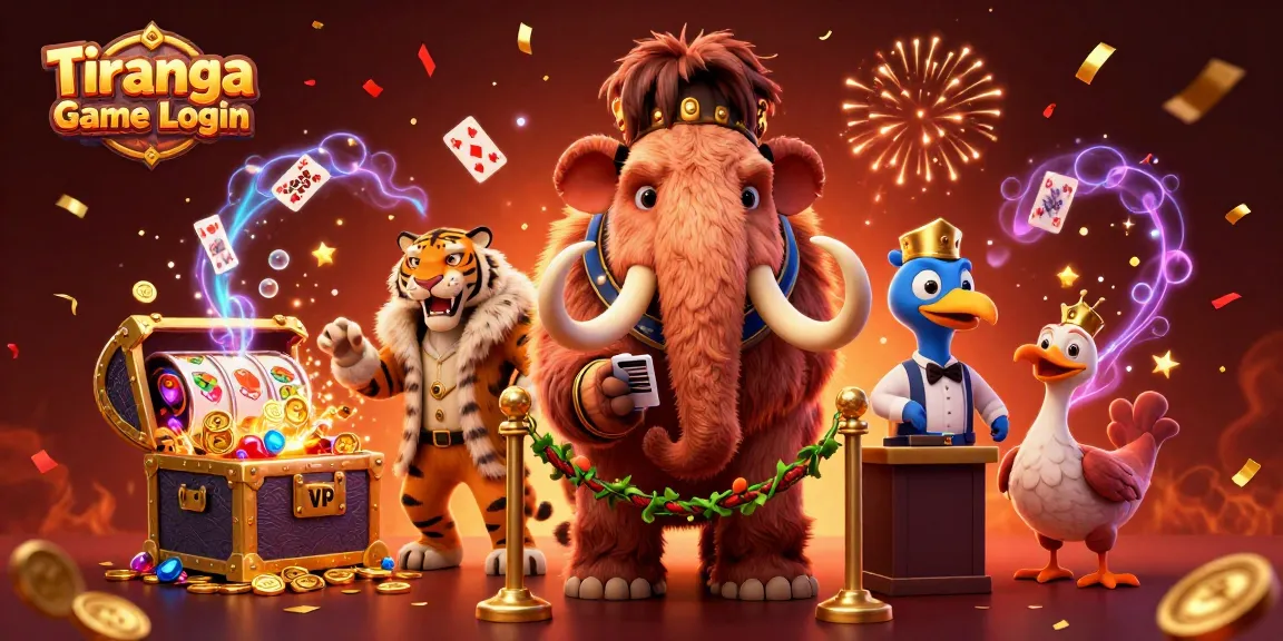 Tiranga Game Login scene with a woolly mammoth bouncer checking IDs, showcasing vibrant slot reels and festive confetti.