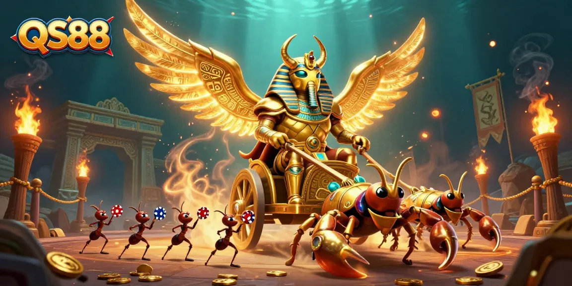 Engage in thrilling action at QS88 with a vibrant scene featuring a golden beetle, scorpion chariot, and animated gaming elements.