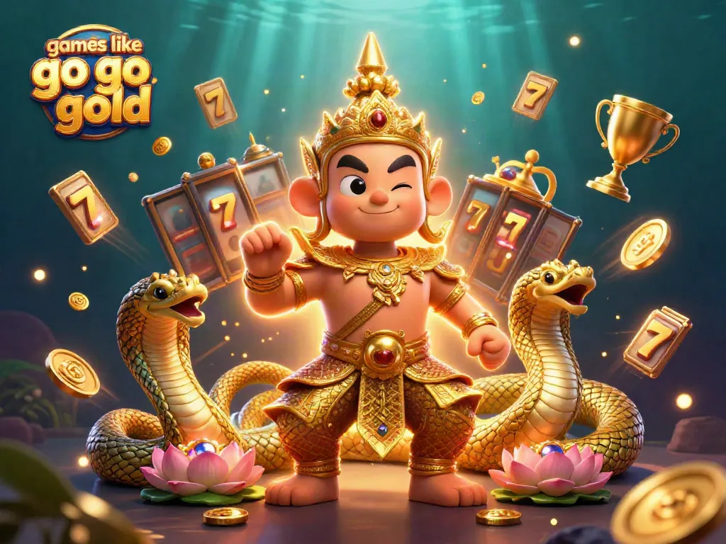 Play dynamic games like Go Go Gold with a friendly yaksha guardian and vibrant slot features in this animated casino scene.
