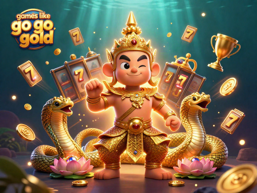 Play dynamic games like Go Go Gold with a friendly yaksha guardian and vibrant slot features in this animated casino scene.