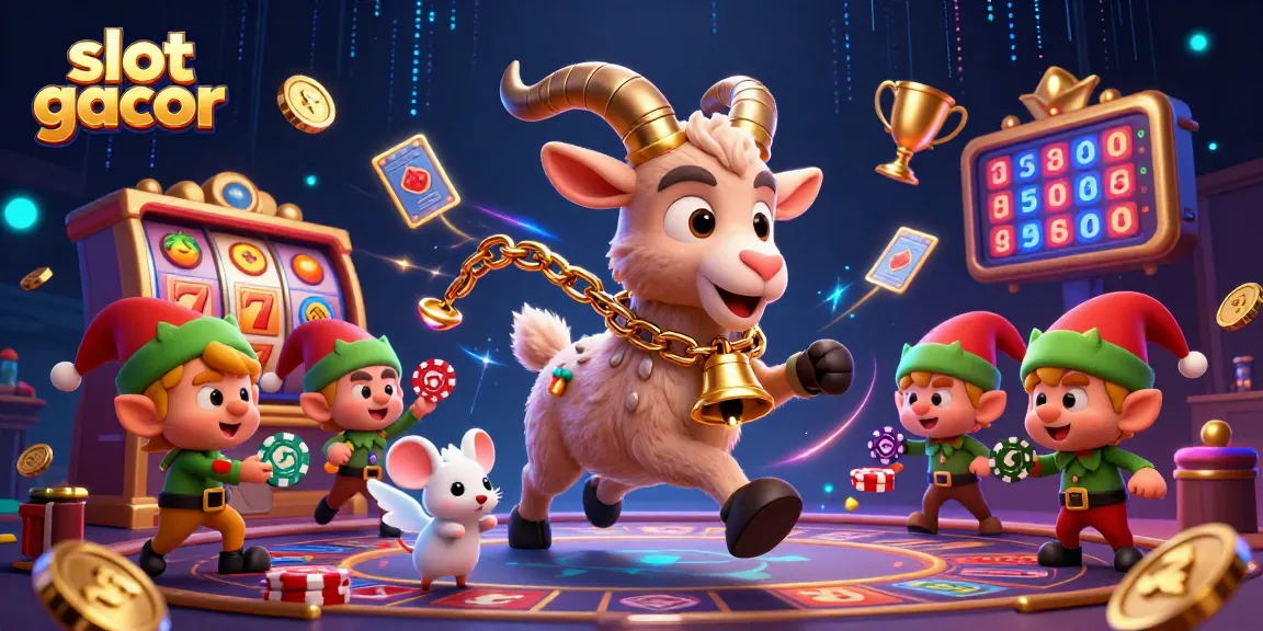 Spin the slot gacor reels with a festive Krampus goat in a vibrant 3D casino scene.