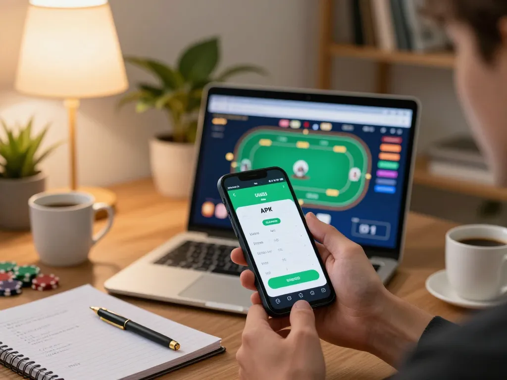 Permainan poker online yang menarik dengan aplikasi APK Ulat123 yang ditampilkan di smartphone, suasana rumah yang nyaman menunjukkan persiapan strategis