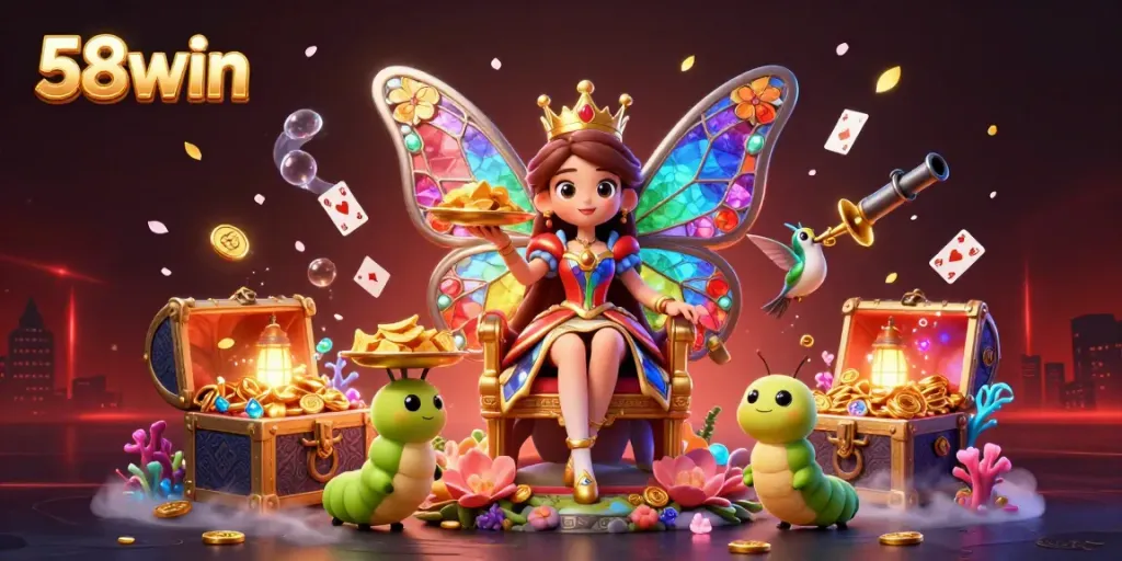 Experience the vibrant world of 58win through a captivating 3D illustration of a butterfly queen in a casino setting.