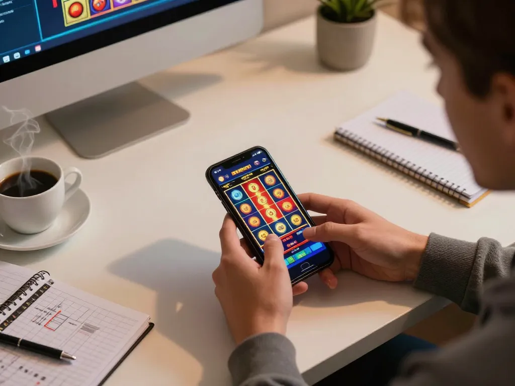 Player spins a slot machine on their mobile app at home, enhancing their lsa gaming experience